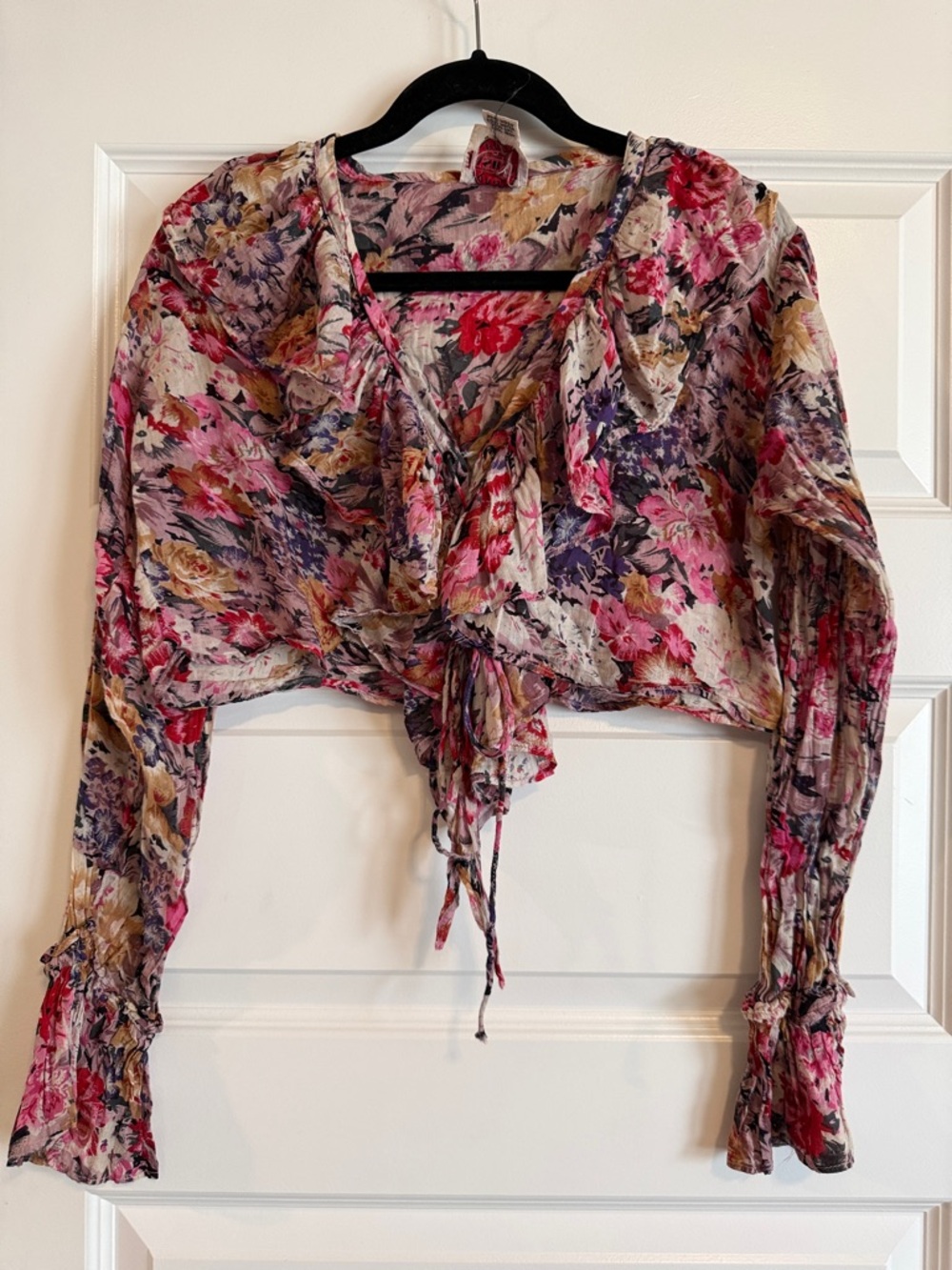 Ash Floral Tie-Front Crop Blouse in Pink Multi